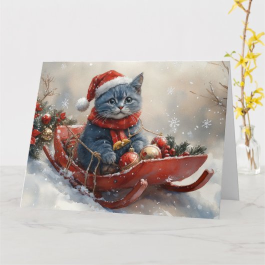 Oosterse blauwe kat in slee Laat het sneeuwen Kers Kaart (Gele Bloem)