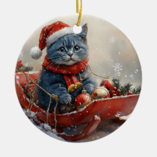 Oosterse Blauwe Kat in slee Laat het sneeuwen Kers Keramisch Ornament
