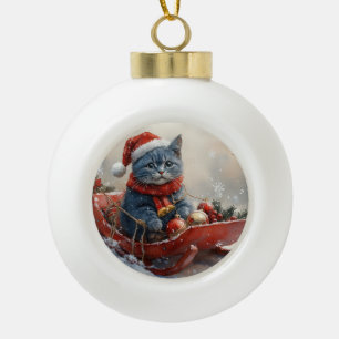 Oosterse Blauwe Kat in slee Laat het sneeuwen Kers Keramische Bal Ornament