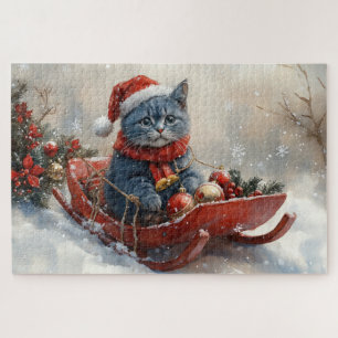 Oosterse blauwe kat in slee Laat het sneeuwen Kers Legpuzzel
