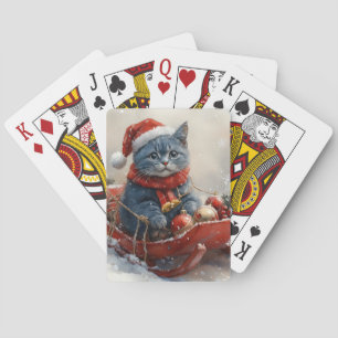 Oosterse Blauwe Kat in slee Laat het Sneeuwen Kers Pokerkaarten