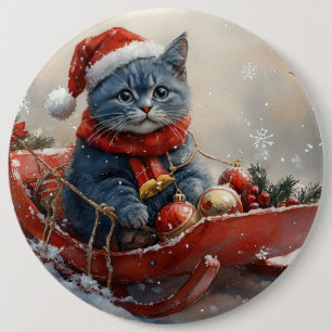 Oosterse Blauwe Kat in slee Laat het sneeuwen Kers Ronde Button 6,0 Cm