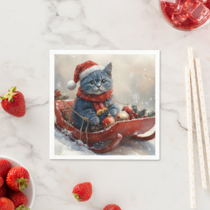 Oosterse Blauwe Kat in slee Laat het sneeuwen Kers Servet