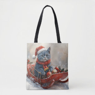 Oosterse Blauwe Kat in slee Laat het sneeuwen Kers Tote Bag
