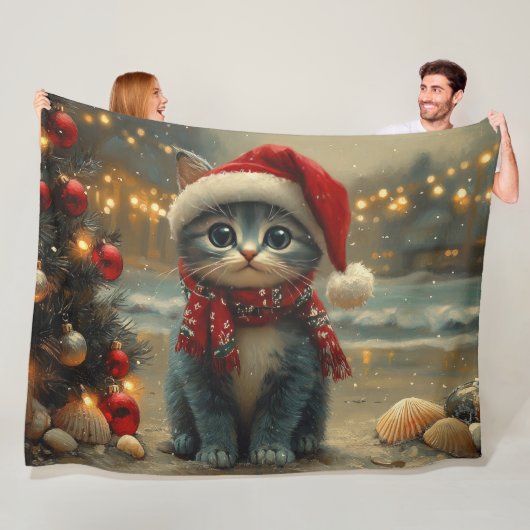 Oosterse Blauwe Kat Kerstmis Vintage Strand Fleece Deken (In situ)