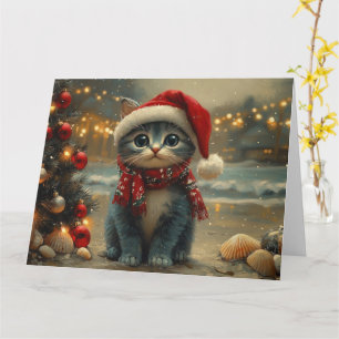 Oosterse Blauwe Kat Kerstmis Vintage Strand Kaart