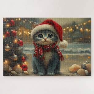 Oosterse Blauwe Kat Kerstmis Vintage Strand Legpuzzel