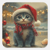 Oosterse Blauwe Kat Kerstmis Vintage Strand Vierkante Sticker (Voorkant)