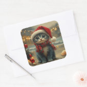 Oosterse Blauwe Kat Kerstmis Vintage Strand Vierkante Sticker (Envelop)
