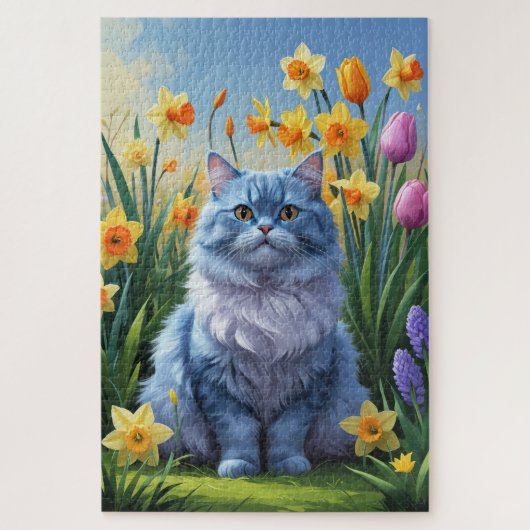 Oosterse Blauwe Kat Lentebloemen Schilderij Legpuzzel (Verticaal)
