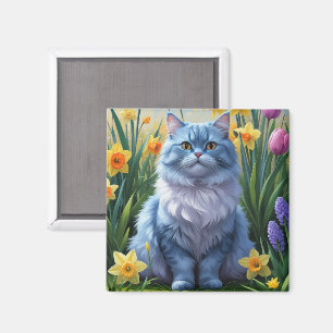 Oosterse Blauwe Kat Lentebloemen Schilderij  Magneet