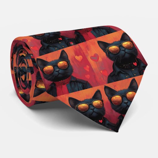 Oosterse Blauwe Kat met Hart Rozen Valentijnsdag Stropdas (Opgerold)