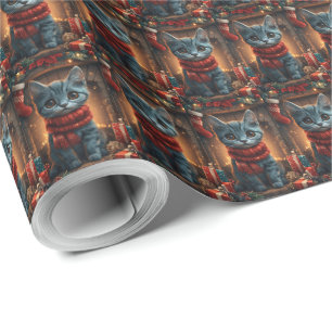 Oosterse Blauwe Kat Met Kerstcadeau Haard Cadeaupapier