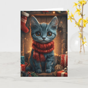 Oosterse Blauwe Kat Met Kerstcadeau Haard Kaart