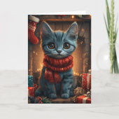 Oosterse blauwe kat met kerstcadeau open haard kaart (Voorkant)
