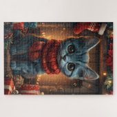 Oosterse blauwe kat met kerstcadeau open haard legpuzzel (Horizontaal)