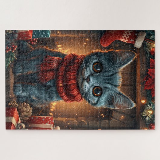 Oosterse blauwe kat met kerstcadeau open haard legpuzzel (Horizontaal)