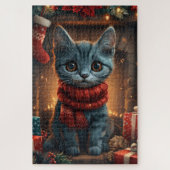 Oosterse blauwe kat met kerstcadeau open haard legpuzzel (Verticaal)