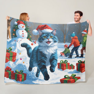 Oosterse blauwe kat zit in sneeuw kersthoed fleece deken