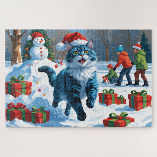 Oosterse blauwe kat zit in sneeuw kersthoed legpuzzel