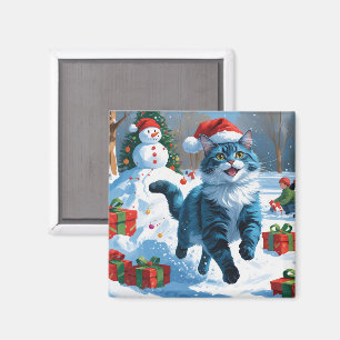 Oosterse blauwe kat zit in sneeuw kersthoed magneet