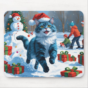 Oosterse blauwe kat zit in sneeuw kersthoed muismat