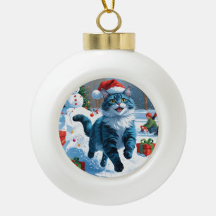 Oosterse Blauwe Kat zit in Sneeuw Kerstmuts Keramische Bal Ornament