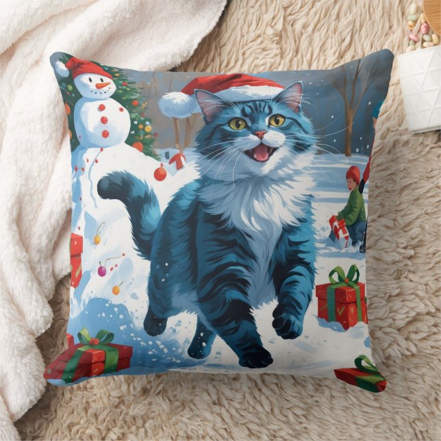 Oosterse Blauwe Kat zit in Sneeuw Kerstmuts Kussen (Deken)