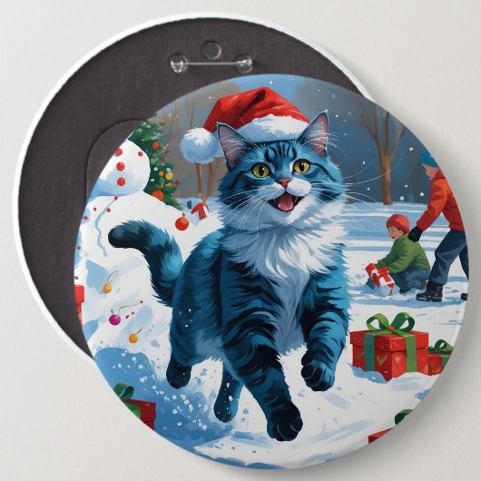 Oosterse Blauwe Kat zit in Sneeuw Kerstmuts Ronde Button 6,0 Cm (Voorkant /achterkant)