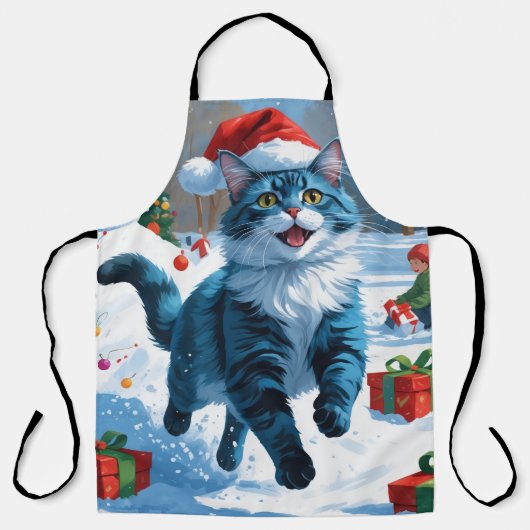 Oosterse Blauwe Kat zit in Sneeuw Kerstmuts Schort (Voorkant)