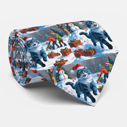 Oosterse Blauwe Kat zit in Sneeuw Kerstmuts Stropdas (Opgerold)