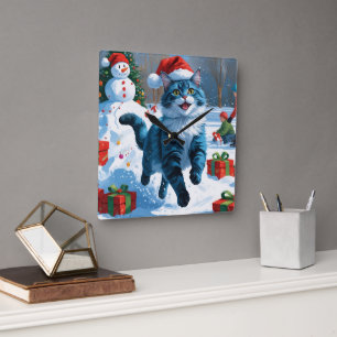 Oosterse Blauwe Kat zit in Sneeuw Kerstmuts Vierkante Klok