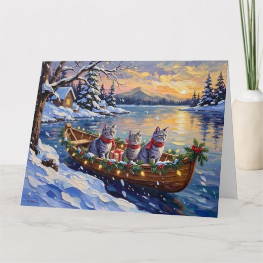 Oosterse Blauwe Katten Kerstboot Vakantie Kaart (Voorkant)