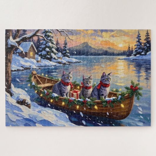 Oosterse Blauwe Katten Kerstboot Vakantie Legpuzzel (Horizontaal)