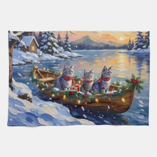 Oosterse Blauwe Katten Kerstboot Vakantie Theedoek