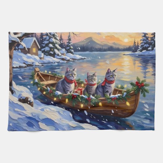 Oosterse Blauwe Katten Kerstboot Vakantie Theedoek (Horizontaal)