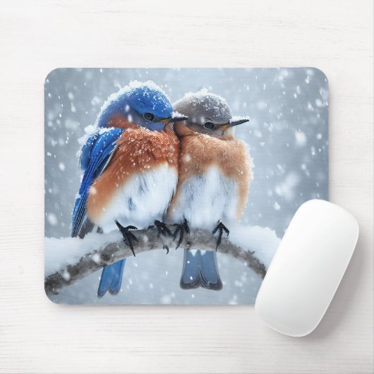 Oosterse blauwvogels in de sneeuw muismat (Met muis)