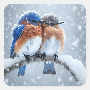 Oosterse blauwvogels in de sneeuw vierkante sticker