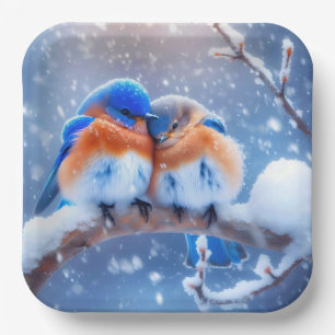 Oosterse Blauwvogels Snuggling op een besneeuwde t Papieren Bordje