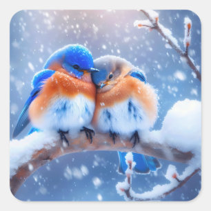 Oosterse Blauwvogels Snuggling op een besneeuwde t Vierkante Sticker