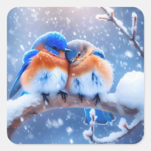 Oosterse Blauwvogels Snuggling op een besneeuwde t Vierkante Sticker (Voorkant)