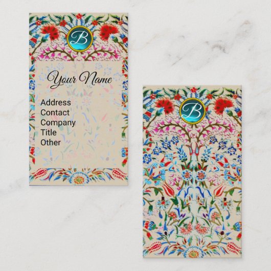 OOSTERSE BLOEMEN DAMASK MONOGRAM Blauw Roze Bloeme Visitekaartje (Voorkant / Achterkant)