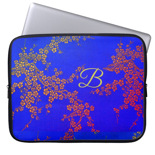 Oosterse bloemenkersenbloesem japans blauw rood laptop sleeve (Voorkant)