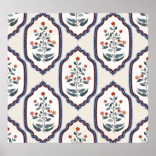 Oosterse bloementakken: Kalamkari Indisch. Poster (Voorkant)