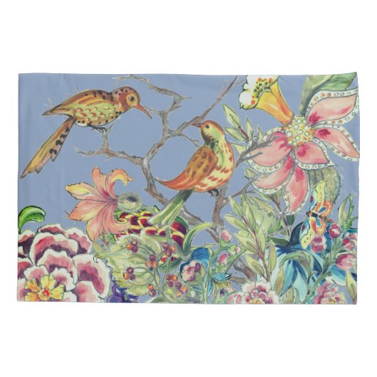 Oosterse bloementuin met vogels Chinoiserie Blauw Kussensloop (Achterkant)