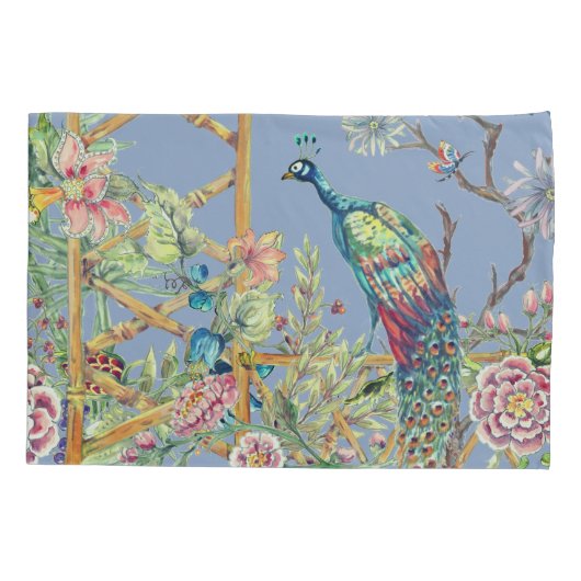 Oosterse bloementuin & pauw Chinoiserie Blauw Kussensloop (Achterkant)