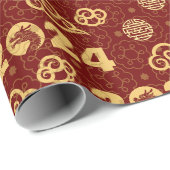 Oosterse Chinese Draak en Rood Goud Decoraties Cadeaupapier (Rol Hoek)