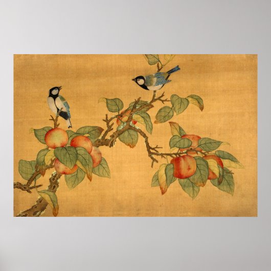 Oosterse Chinese Vogels En Fruit Poster (Voorkant)
