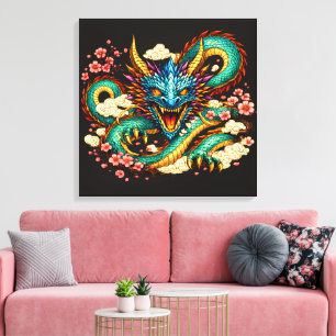 Oosterse Draak & Kersenbloesem Fantasie Kunst Canvas Afdruk