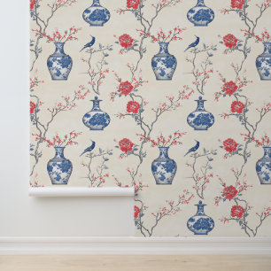 Oosterse elegantie: blauw porselein en bloesems behang